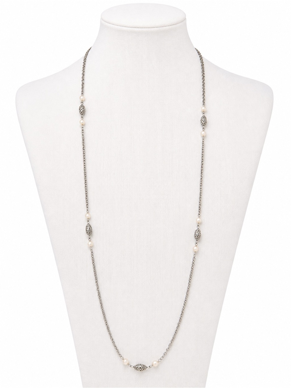 Vintage Sarah Coventry Pearl Necklace 26” Silver Tone Filigree Double Wrap